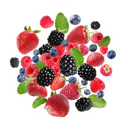 Image of Mix of fresh berries in air on white background