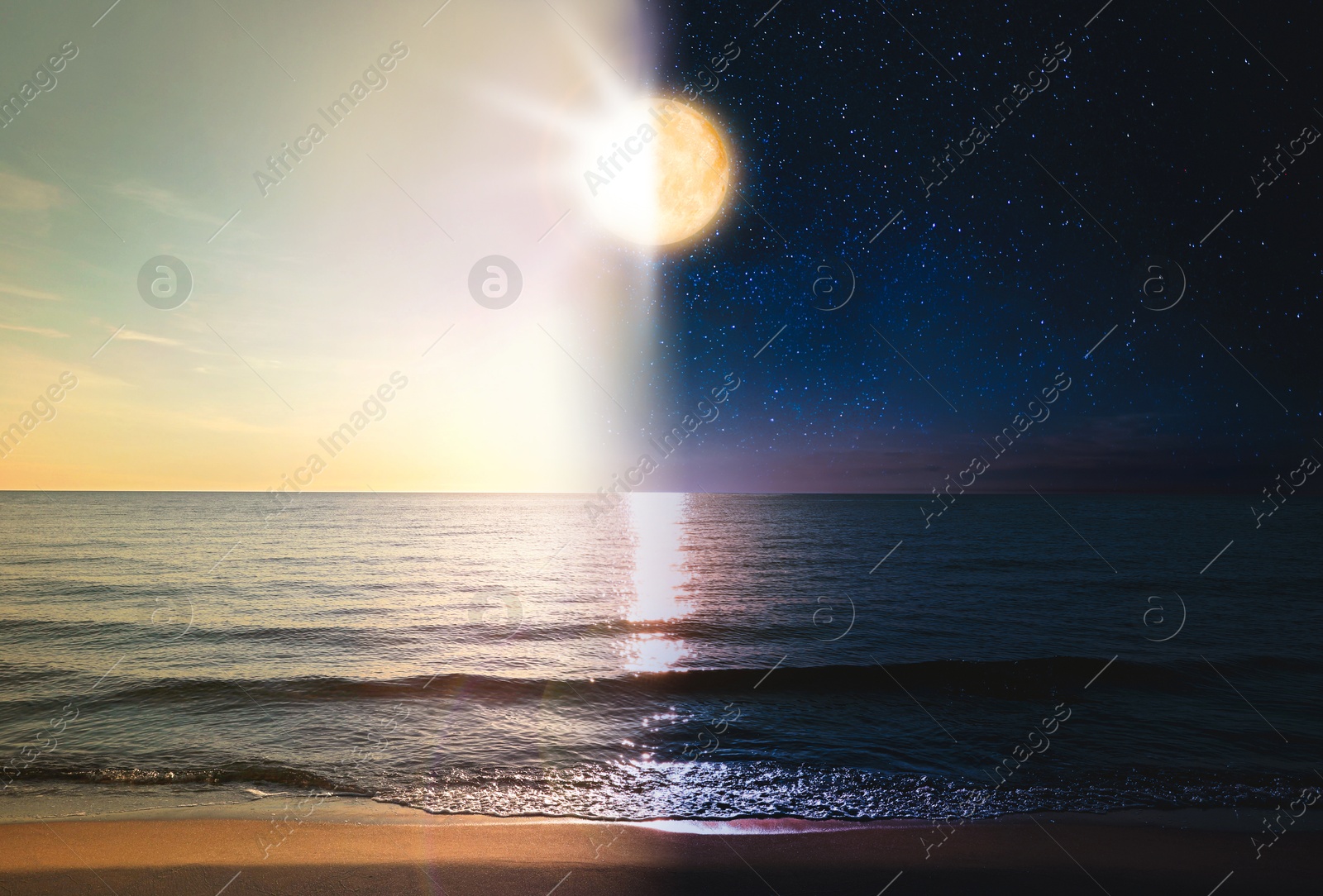 Sea on sunny day and night of full moon, combined design Image of Sea on sunny day and night of full moon, combined design