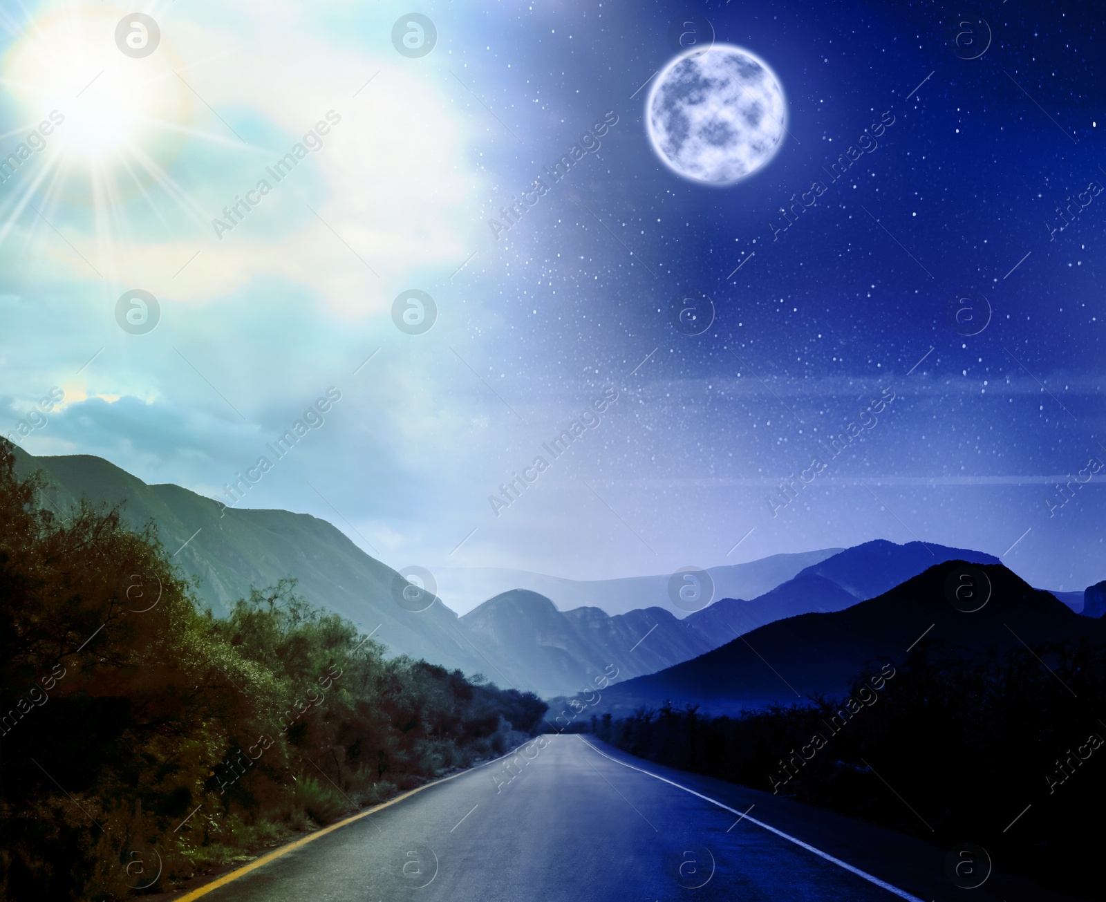 Road in mountains on sunny day and night, combined design Image of Road in mountains on sunny day and night, combined design