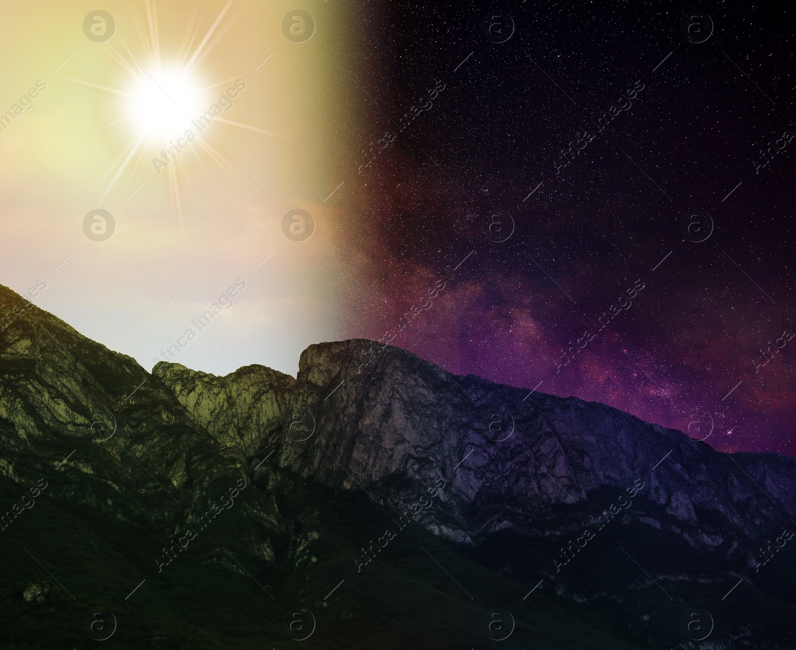 Mountains on sunny day and starry night, combined design Image of Mountains on sunny day and starry night, combined design