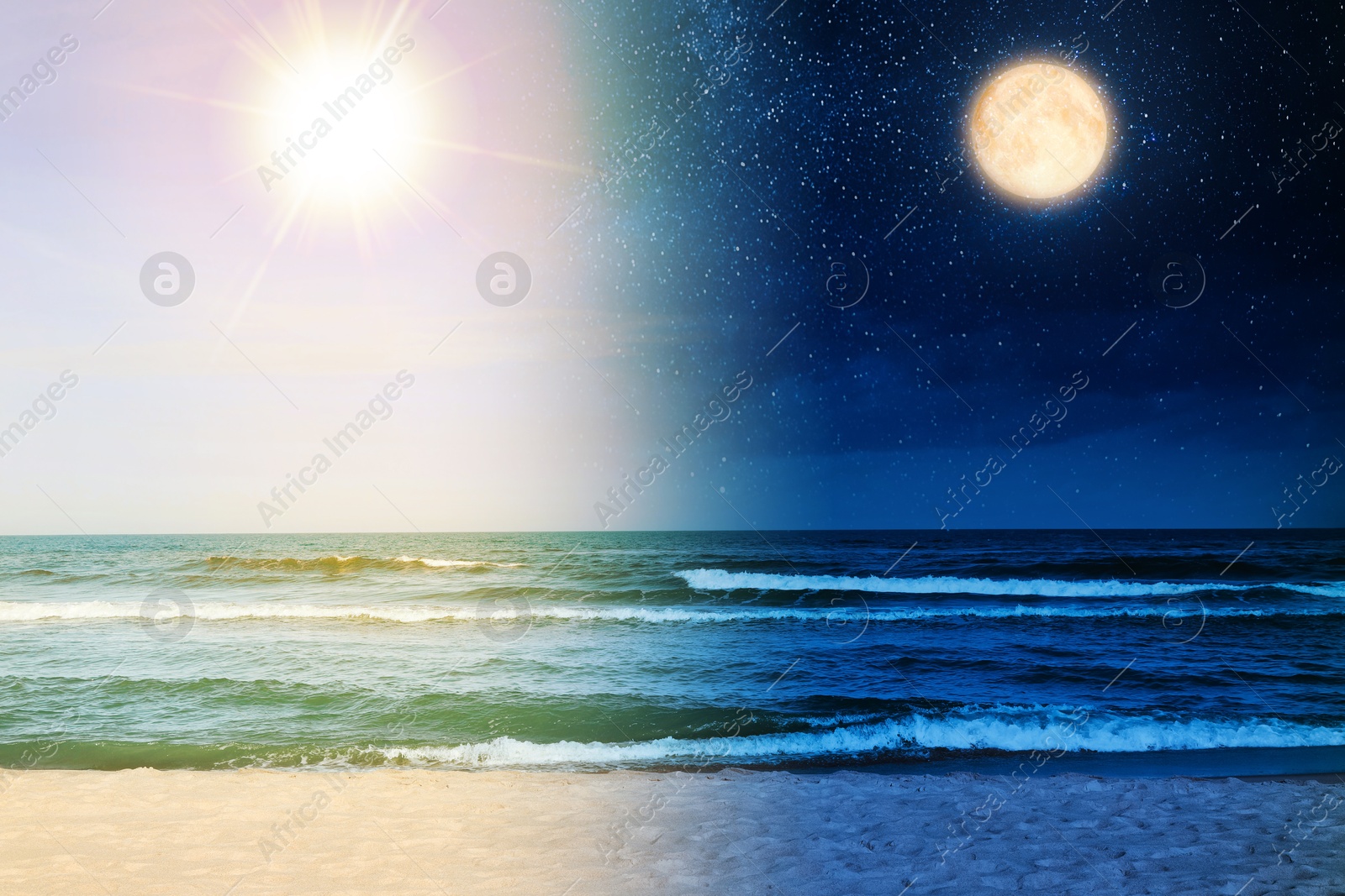Sea on sunny day and night of full moon, combined design Image of Sea on sunny day and night of full moon, combined design