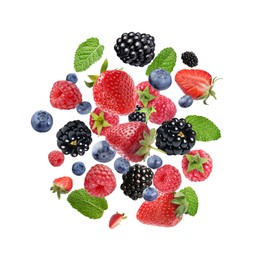 Image of Mix of fresh berries in air on white background