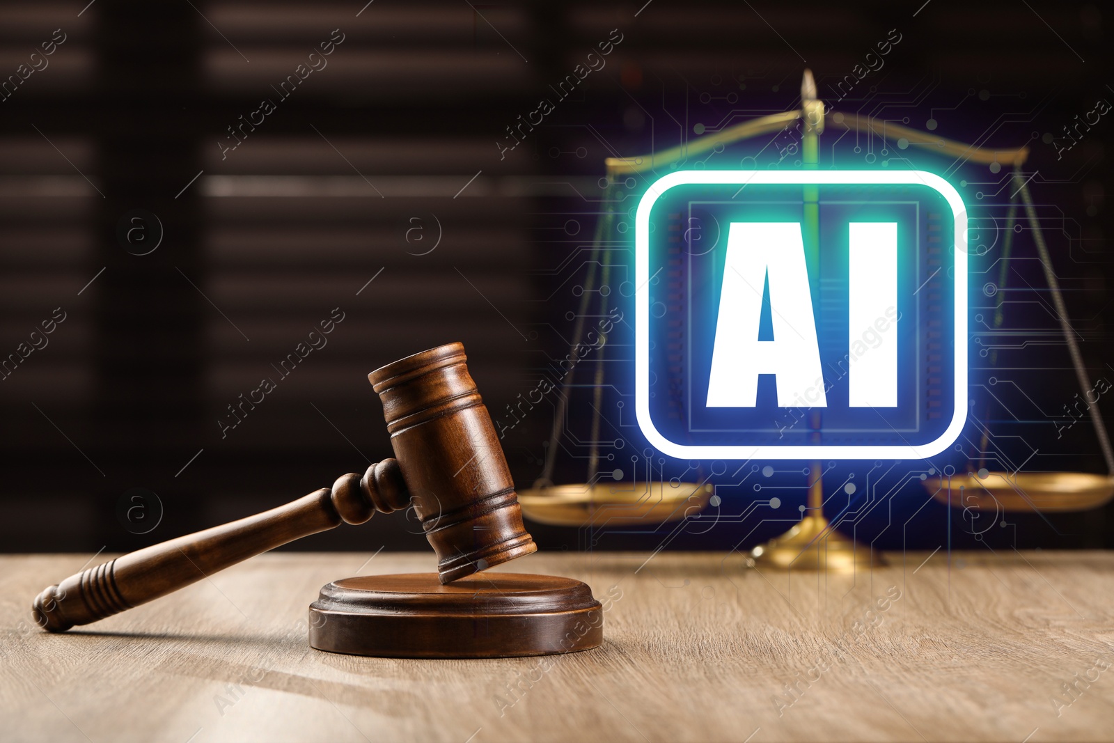 Image of Artificial intelligence and law. Judge's gavel and scales of justice on table and AI abbreviation