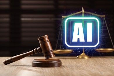 Image of Artificial intelligence and law. Judge's gavel and scales of justice on table and AI abbreviation