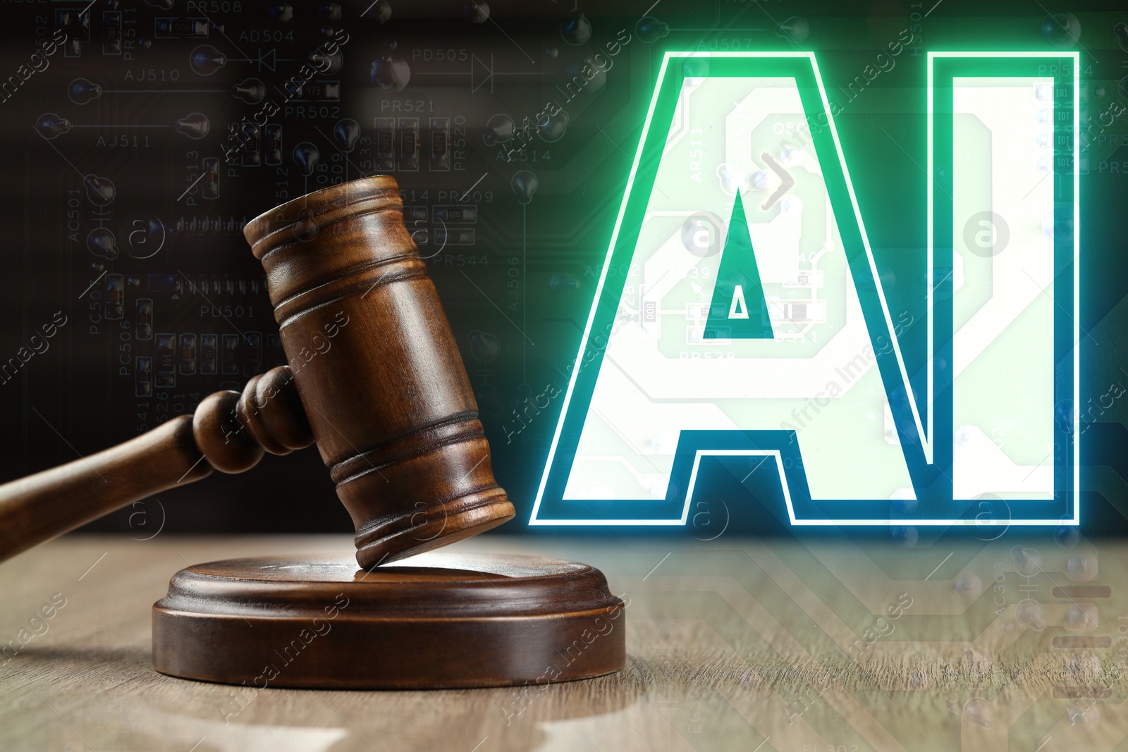 Image of Artificial intelligence and law. Judge's gavel on table and AI abbreviation