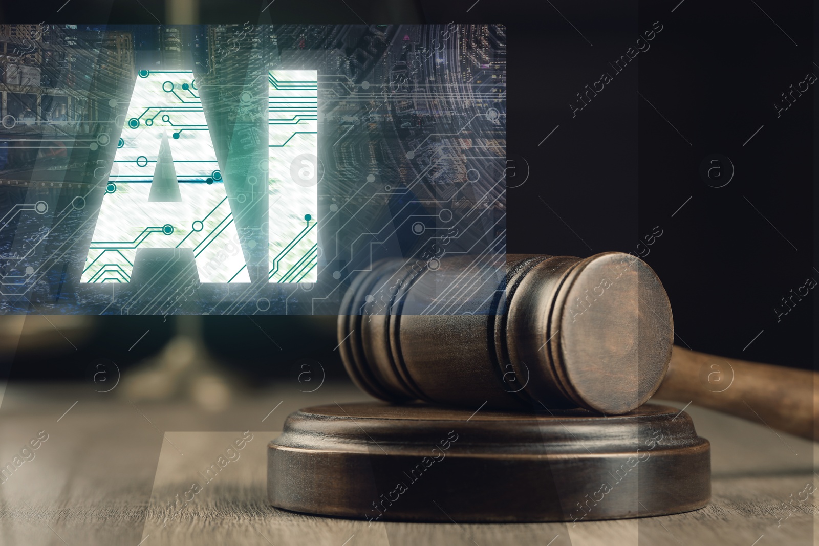 Image of Artificial intelligence and law. Judge's gavel on table and AI abbreviation