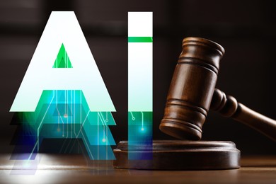 Image of Artificial intelligence and law. Judge's gavel on table and AI abbreviation