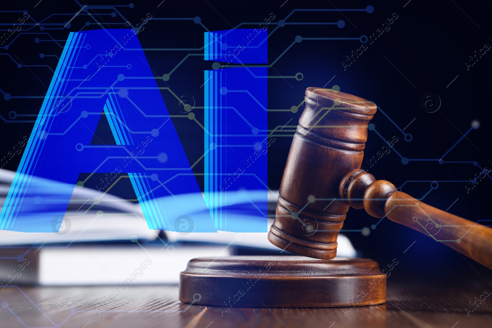 Image of Artificial intelligence and law. Judge's gavel on table and AI abbreviation