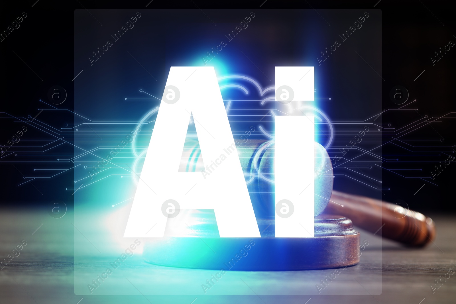 Image of Artificial intelligence and law. AI abbreviation and judge's gavel