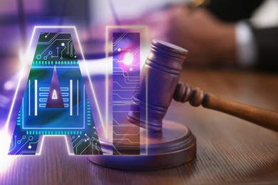 Image of Artificial intelligence and law. AI abbreviation and wooden gavel. Judge working at table, closeup