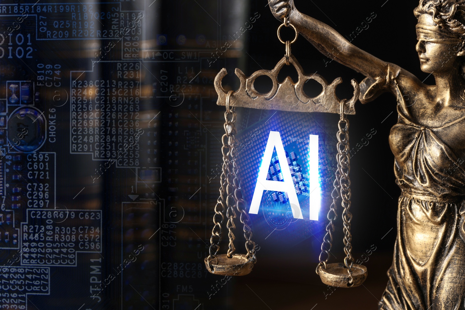 Image of Artificial intelligence and law. Statue of Lady Justice with AI abbreviation