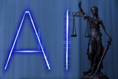 Image of Artificial intelligence and law. Statue of Lady Justice and AI abbreviation