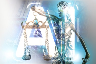 Image of Artificial intelligence and law. AI abbreviation and statue of Lady Justice