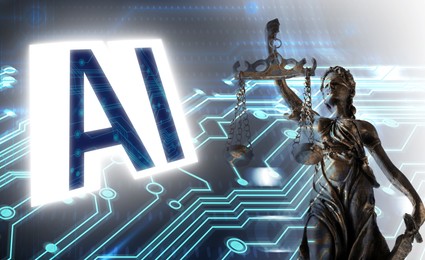 Image of Artificial intelligence and law. Statue of Lady Justice and AI abbreviation against circuit board pattern