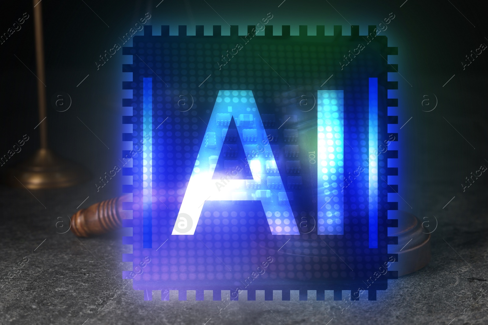 Image of Artificial intelligence and law. AI abbreviation and judge's gavel