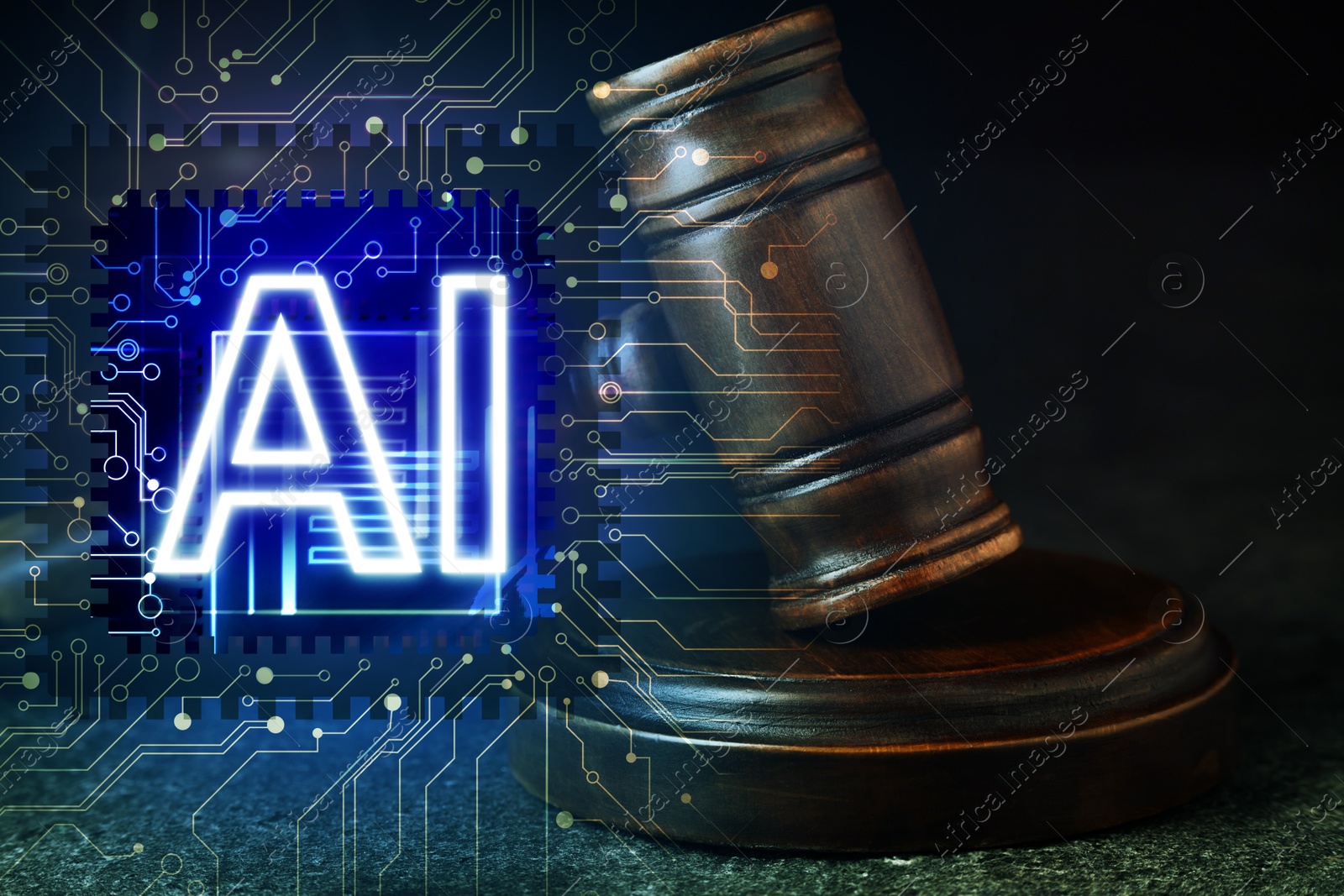 Image of Artificial intelligence and law. AI abbreviation and judge's gavel