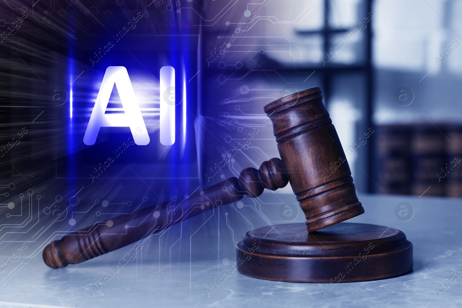 Image of Artificial intelligence and law. Judge's gavel and AI abbreviation