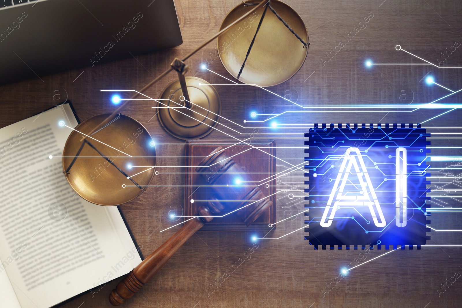 Image of Artificial intelligence and law. AI abbreviation and judge's table with gavel and scales of justice