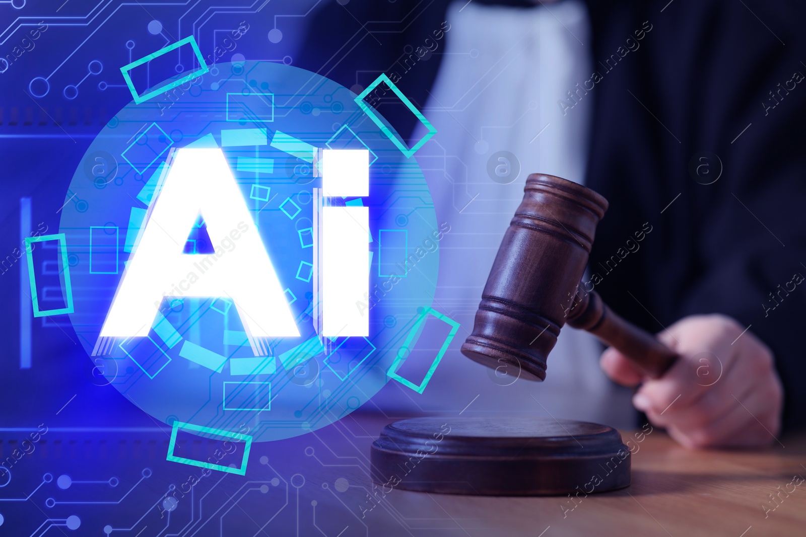 Image of Artificial intelligence and law. AI abbreviation and judge striking mallet, double exposure