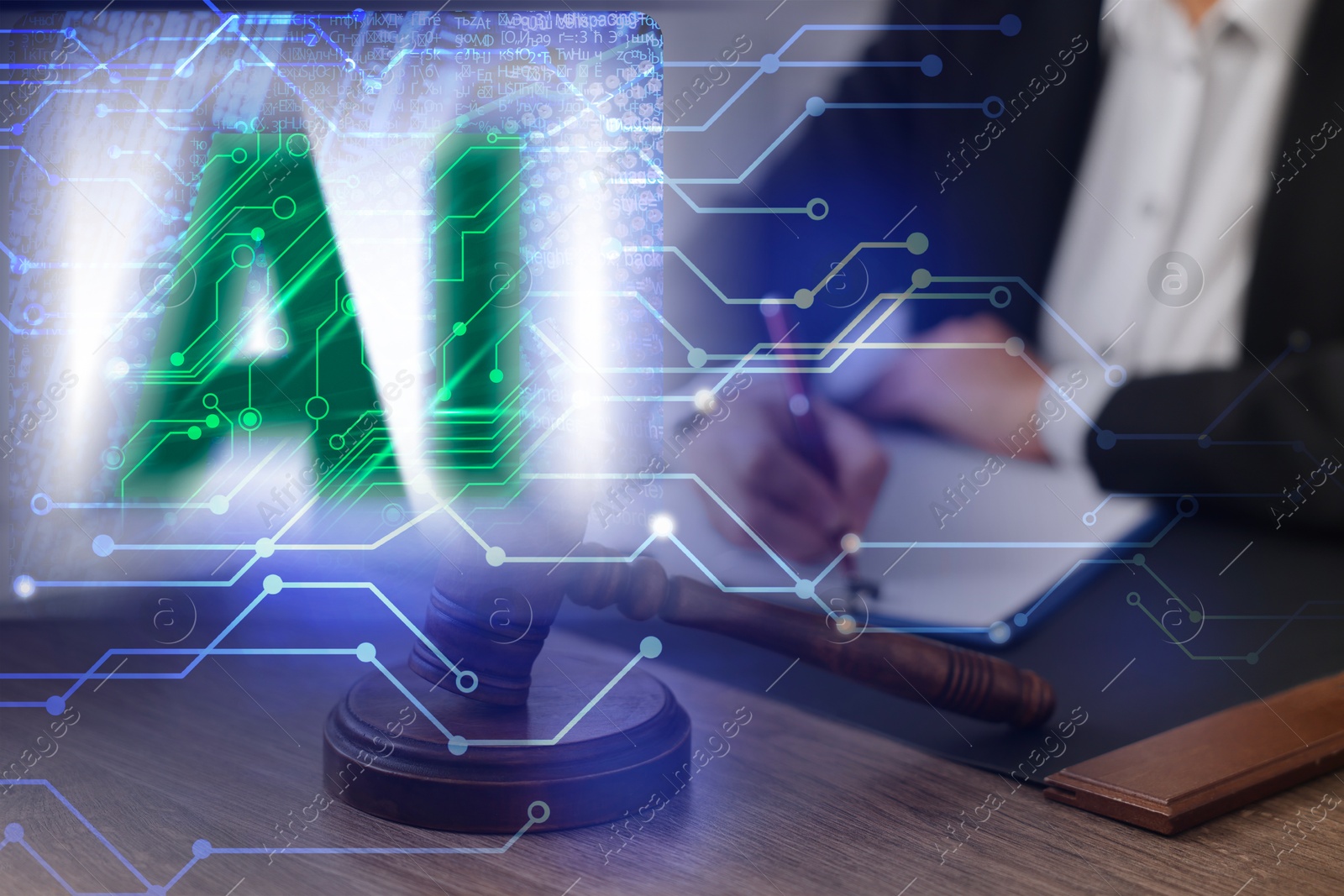 Image of Artificial intelligence and law. AI abbreviation and judge writing, double exposure