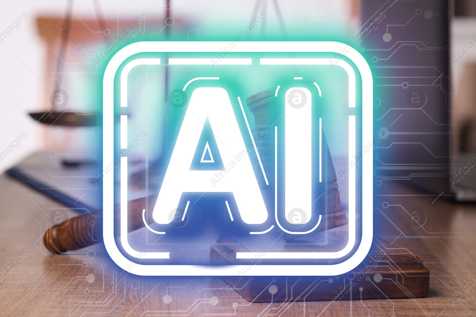 Image of Artificial intelligence and law. AI abbreviation and judge's gavel