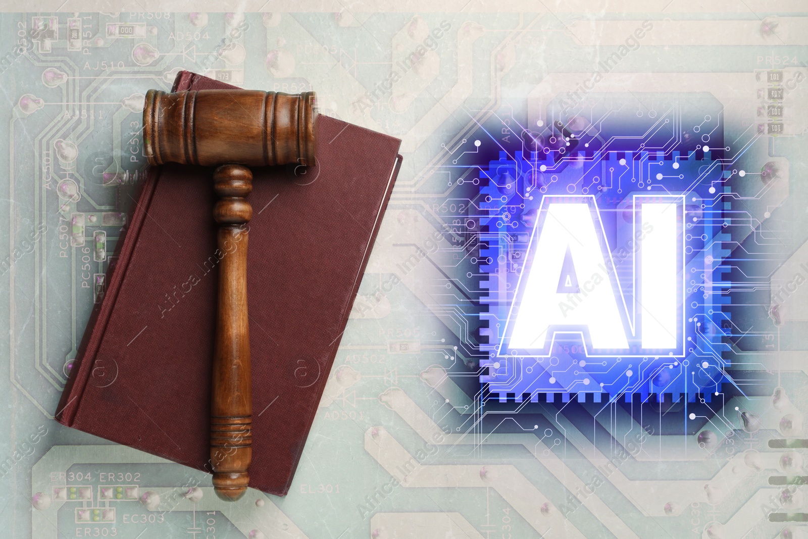 Image of Artificial intelligence and law. Wooden gavel on book and AI abbreviation