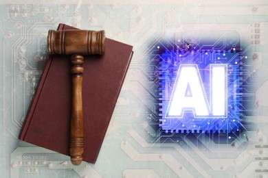 Image of Artificial intelligence and law. Wooden gavel on book and AI abbreviation