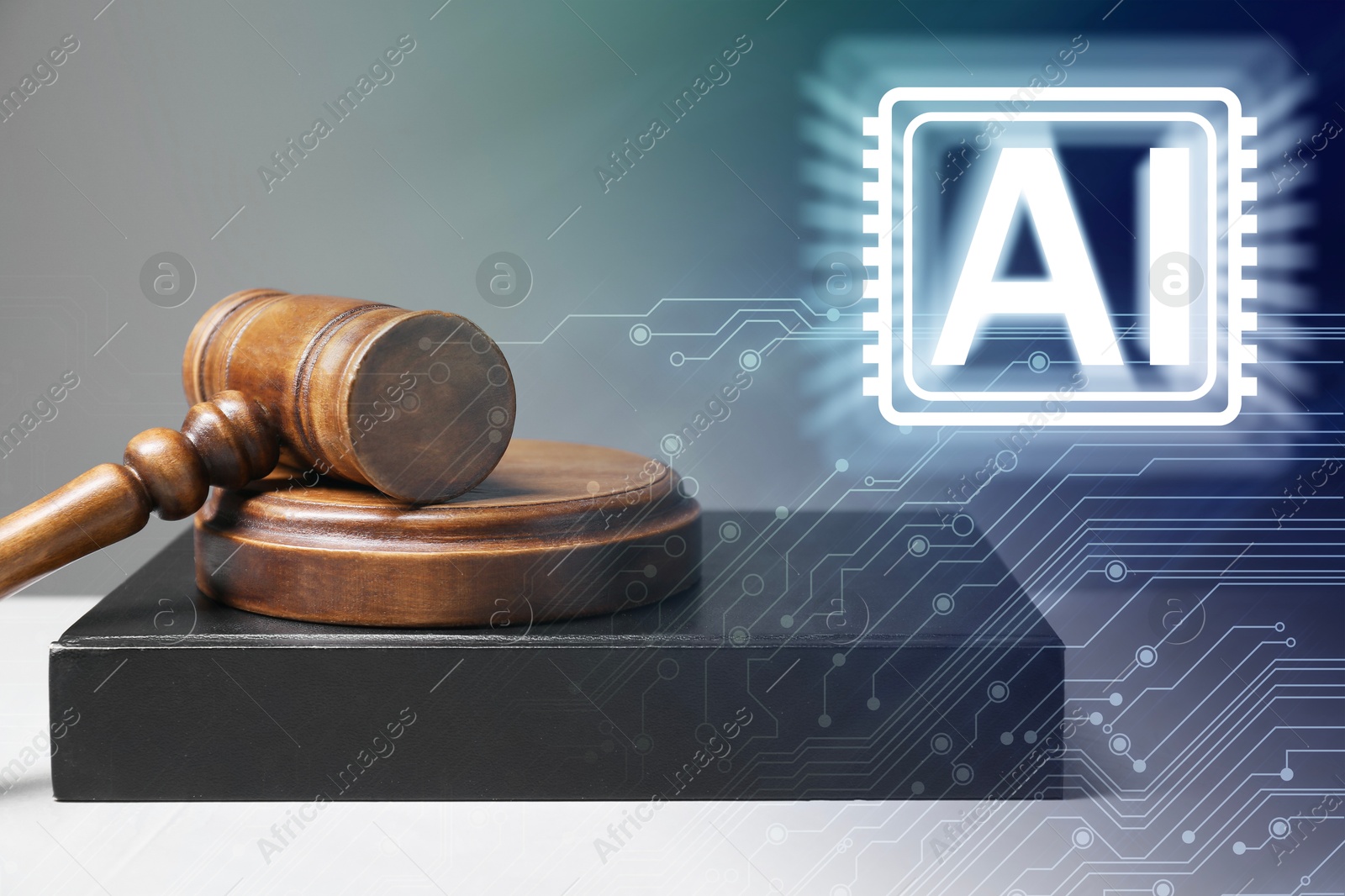 Image of Artificial intelligence and law. Judge's gavel with book and AI abbreviation