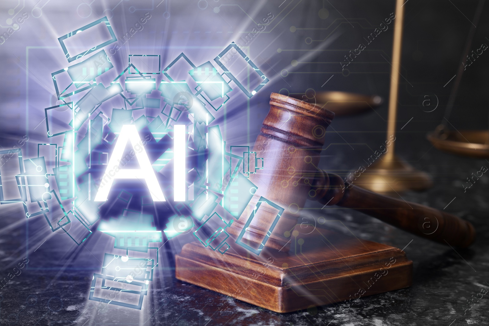 Image of Artificial intelligence and law. AI abbreviation and judge's gavel