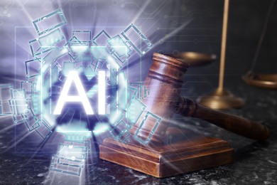 Image of Artificial intelligence and law. AI abbreviation and judge's gavel