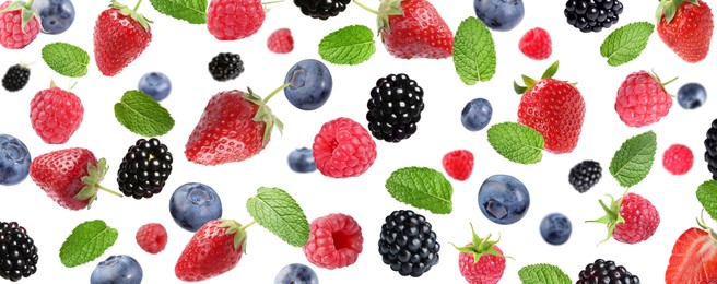 Image of Mix of fresh berries in air on white background