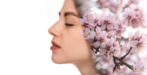 Image of Attractive woman and blossoming spring tree on white background, double exposure. Concept of beauty, femininity and inner peace