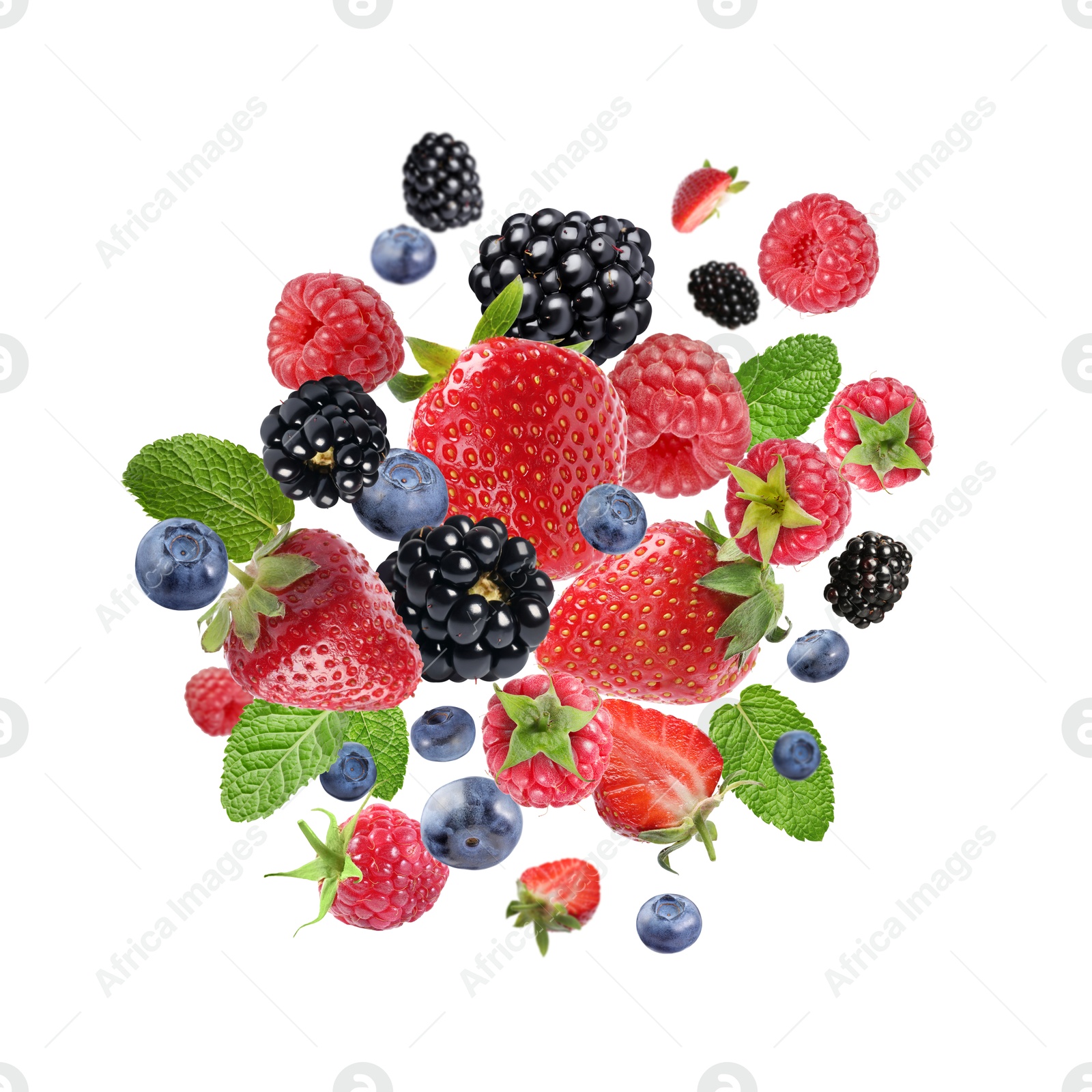 Image of Mix of fresh berries in air on white background