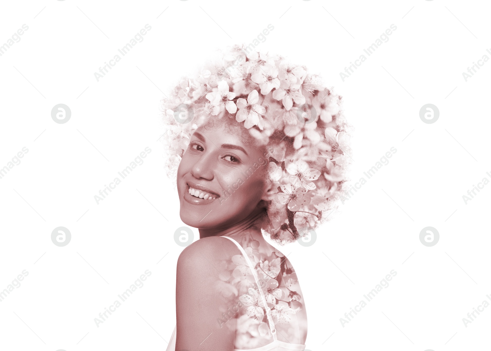 Image of Attractive woman and blossoming spring tree on white background, double exposure. Concept of beauty, femininity and inner peace