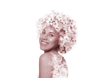 Image of Attractive woman and blossoming spring tree on white background, double exposure. Concept of beauty, femininity and inner peace