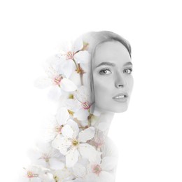 Image of Attractive woman and blossoming spring tree on white background, double exposure. Concept of beauty, femininity and inner peace