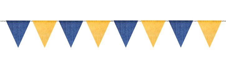 Image of Fabric flags on rope against white background. Party decoration