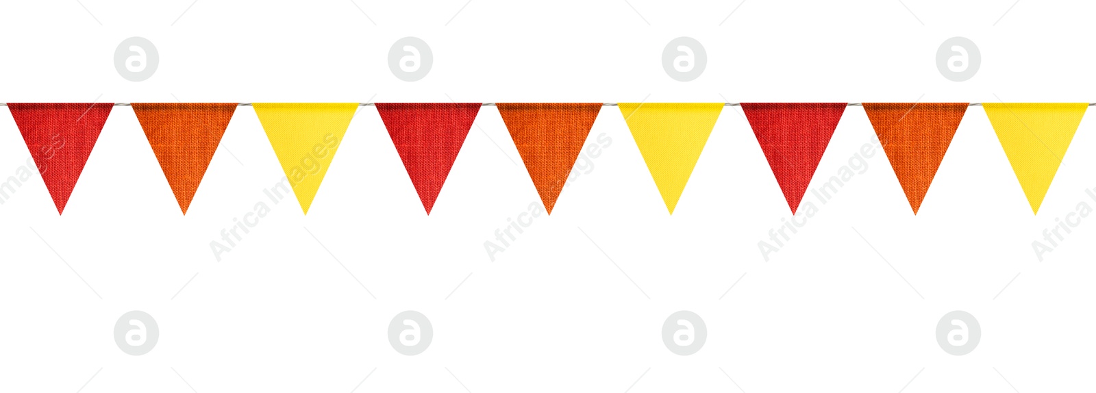 Image of Fabric flags on rope against white background. Party decoration