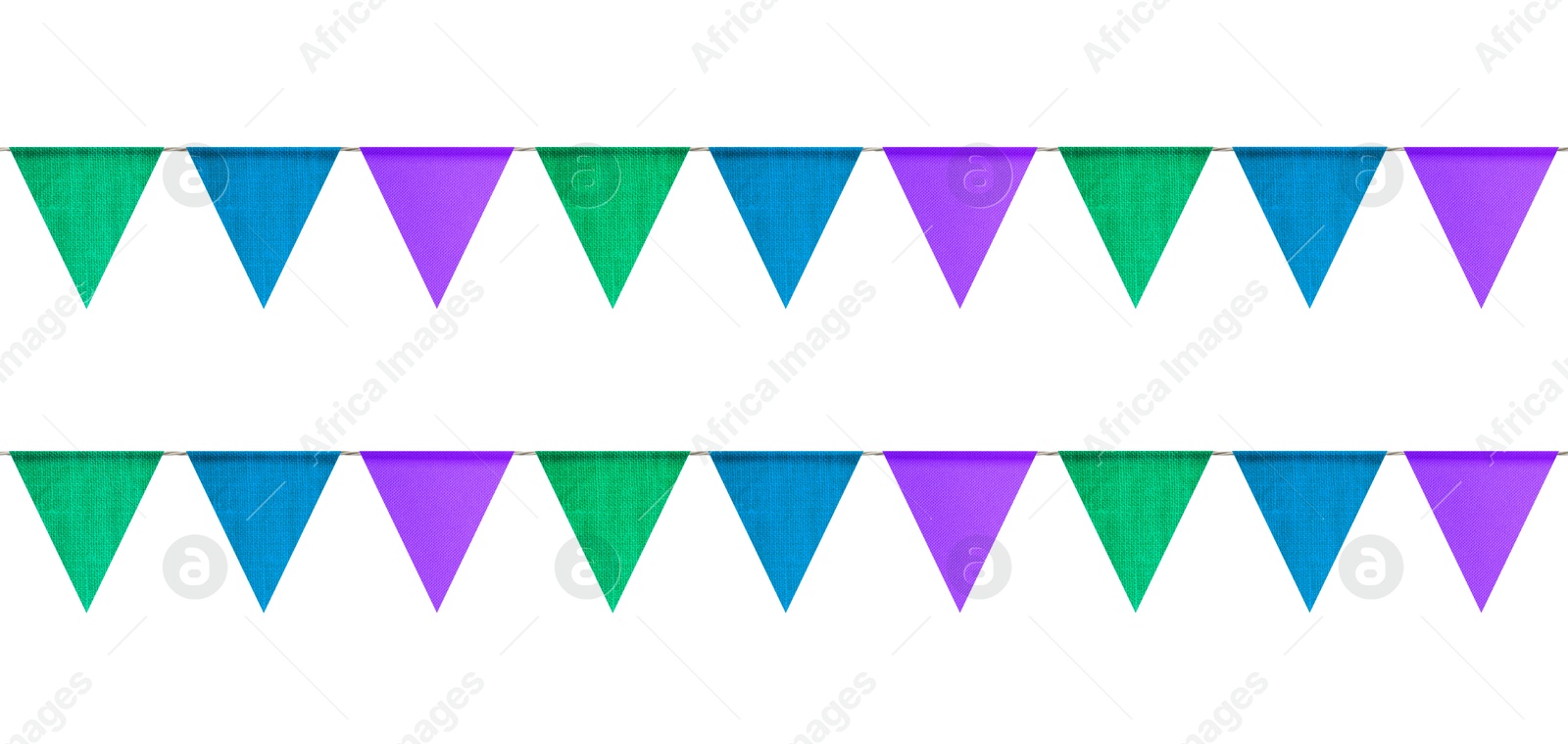 Image of Fabric flags on rope against white background. Party decoration