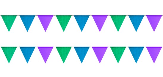 Fabric flags on rope against white background. Party decoration