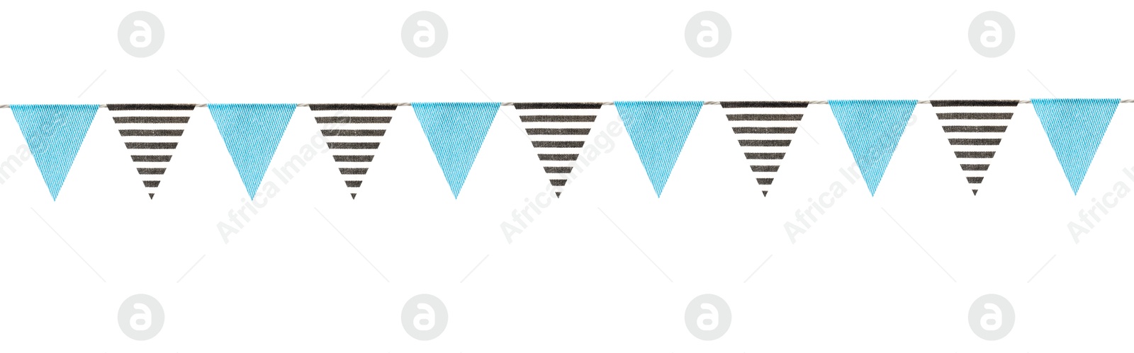 Image of Fabric flags on rope against white background. Party decoration