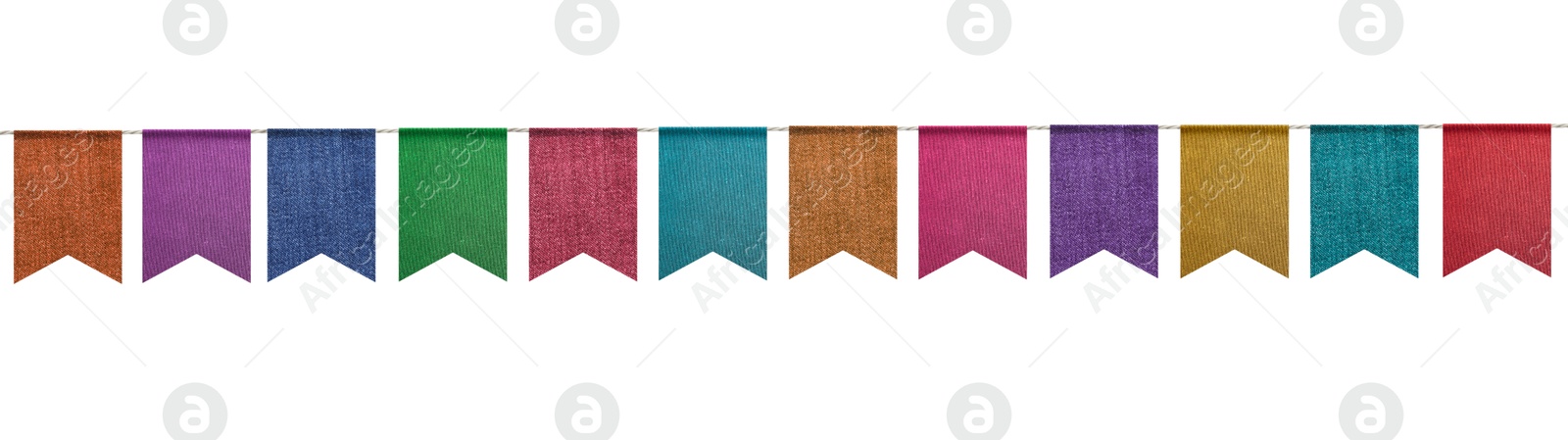 Image of Fabric flags on rope against white background. Party decoration