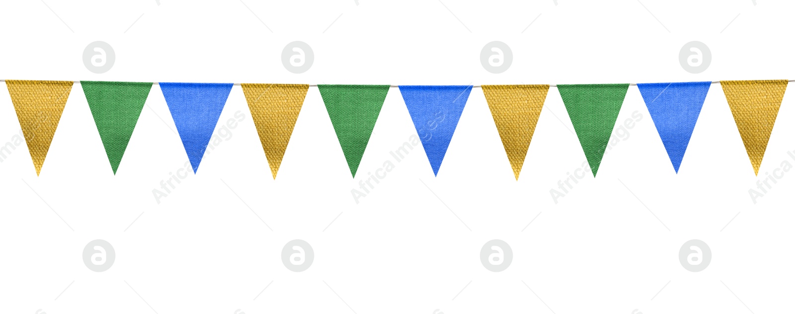 Image of Fabric flags on rope against white background. Party decoration