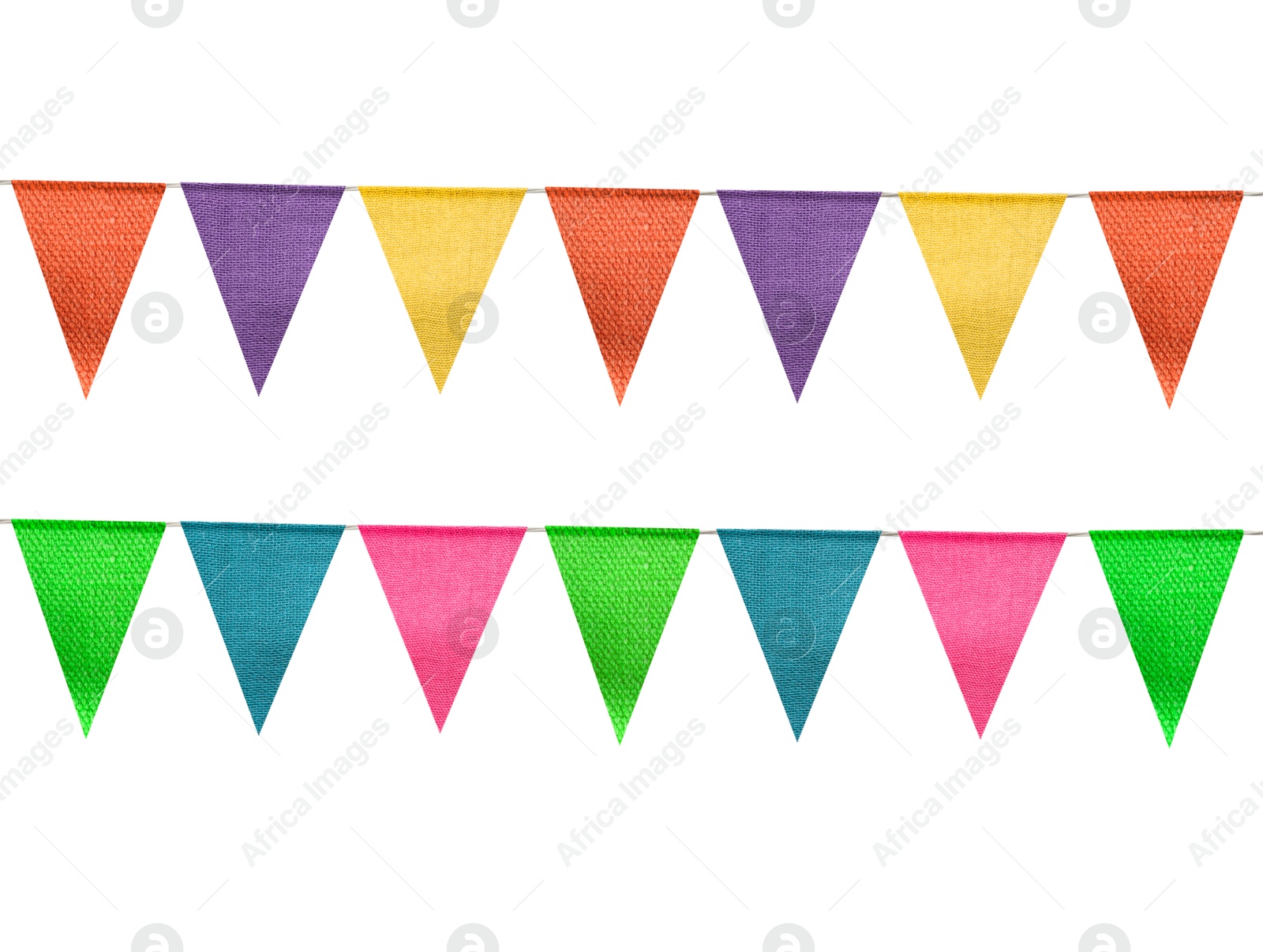 Image of Fabric flags on rope against white background. Party decoration