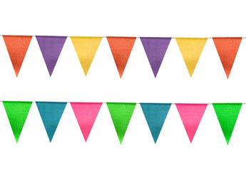 Image of Fabric flags on rope against white background. Party decoration