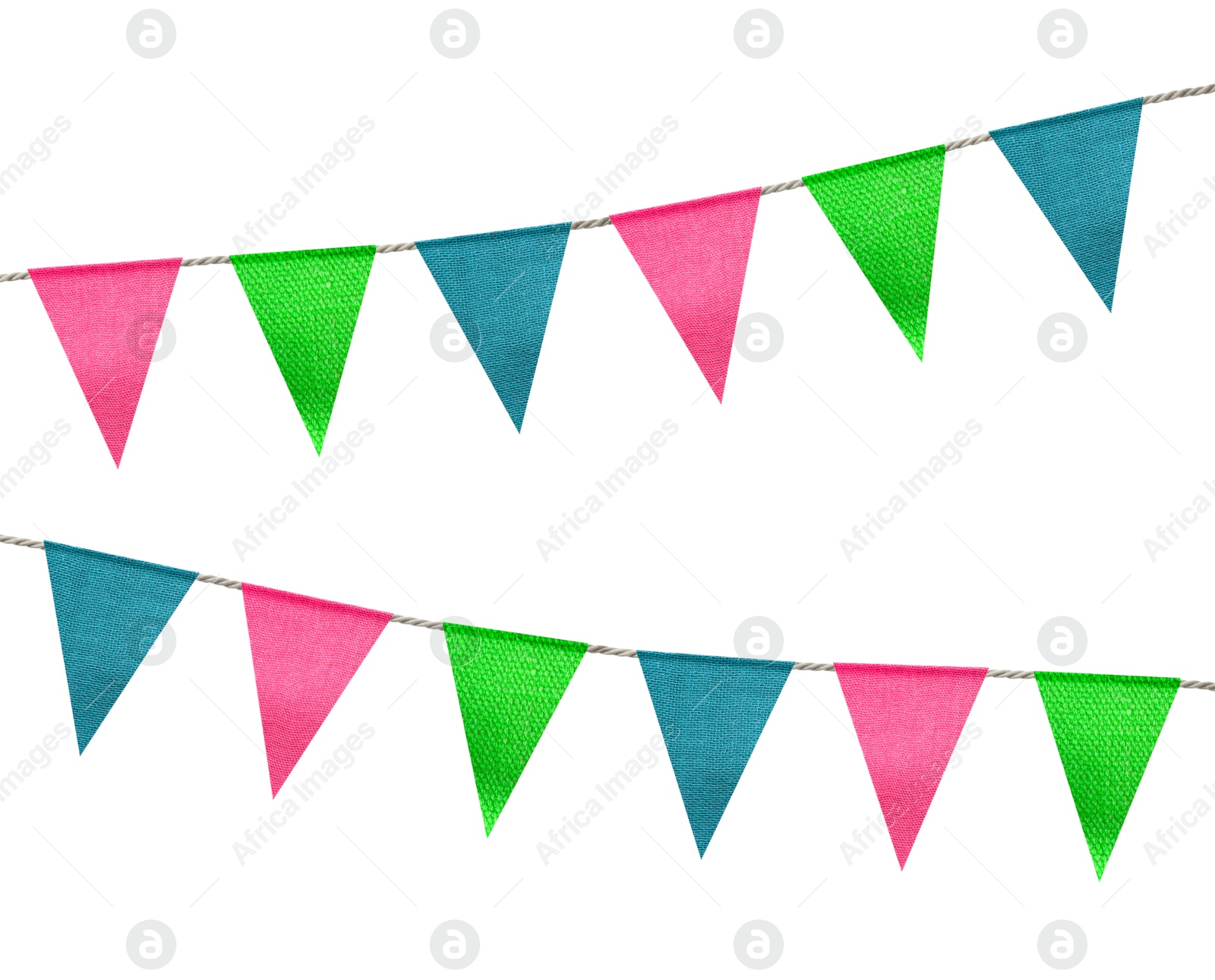 Image of Fabric flags on rope against white background. Party decoration