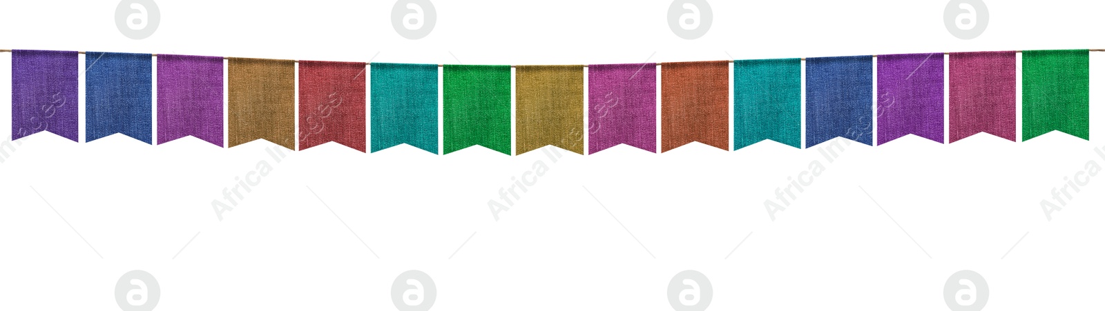 Image of Fabric flags on rope against white background. Party decoration