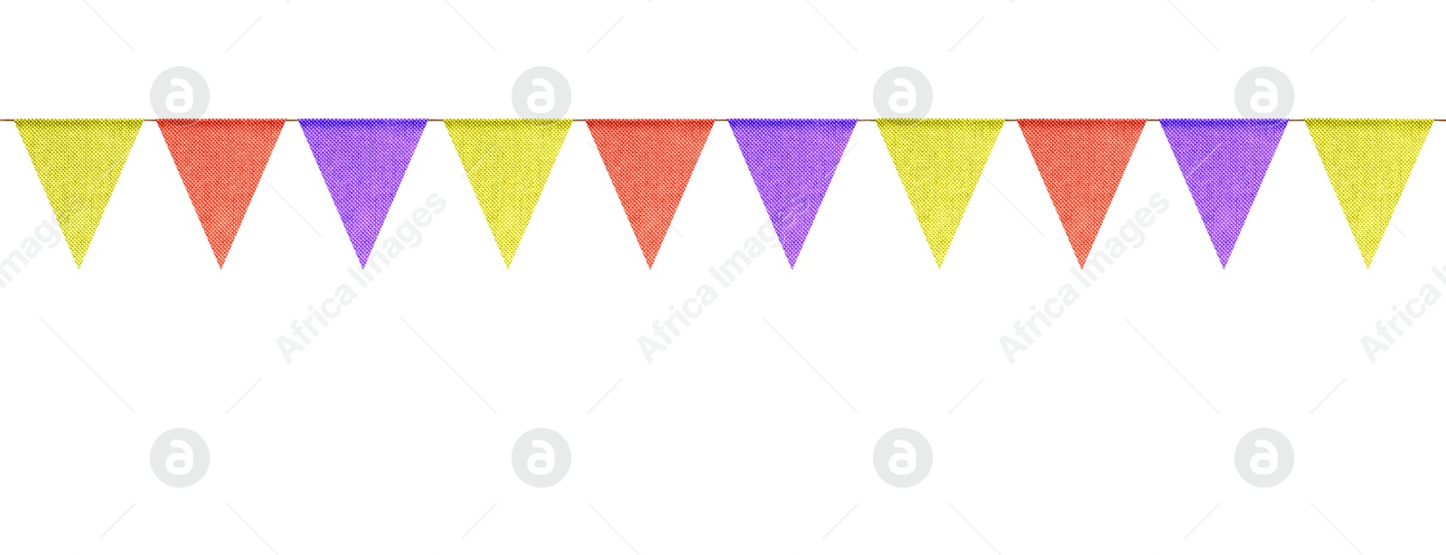 Image of Fabric flags on rope against white background. Party decoration