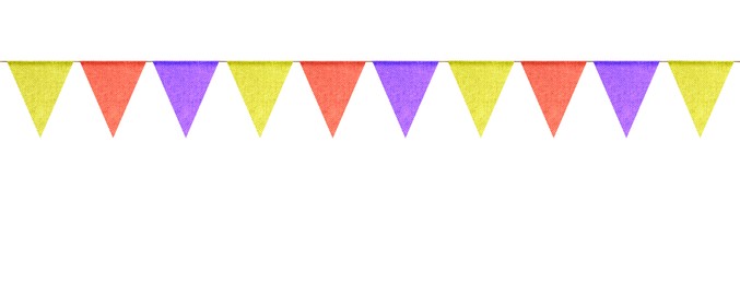 Image of Fabric flags on rope against white background. Party decoration