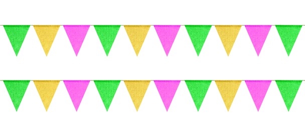 Image of Fabric flags on rope against white background. Party decoration